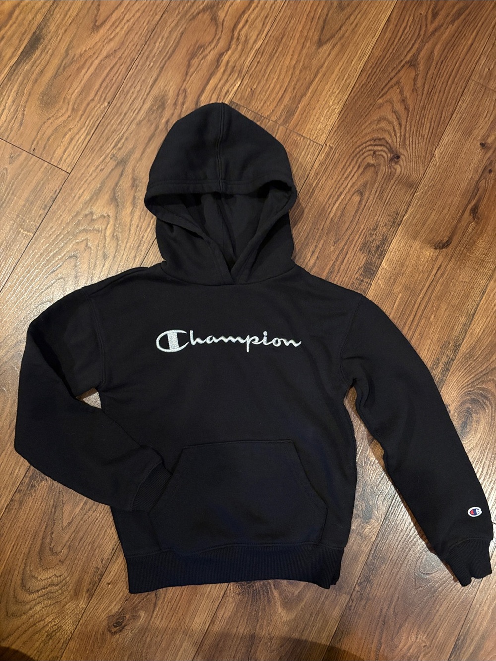 Boys Champion Black Hoodie with White Script Logo